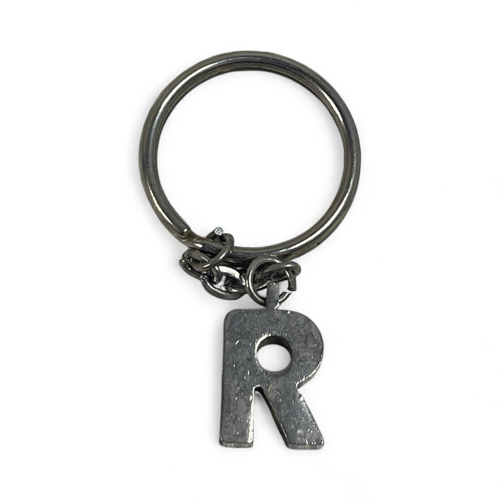 Vintage 3/4" Letter R Keyring Stainless Silver Tone Thick Initial Keychain